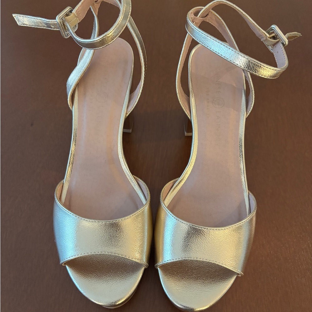Chinese Laundry Gold Platform Heels Ankle Strap Open Toe